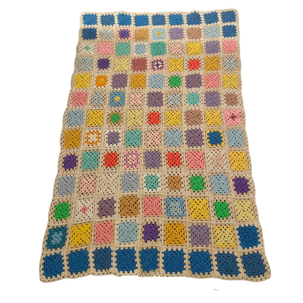Vintage Handmade Granny Square White Rainbow Crochet Knit Acrylic Afghan Blanket